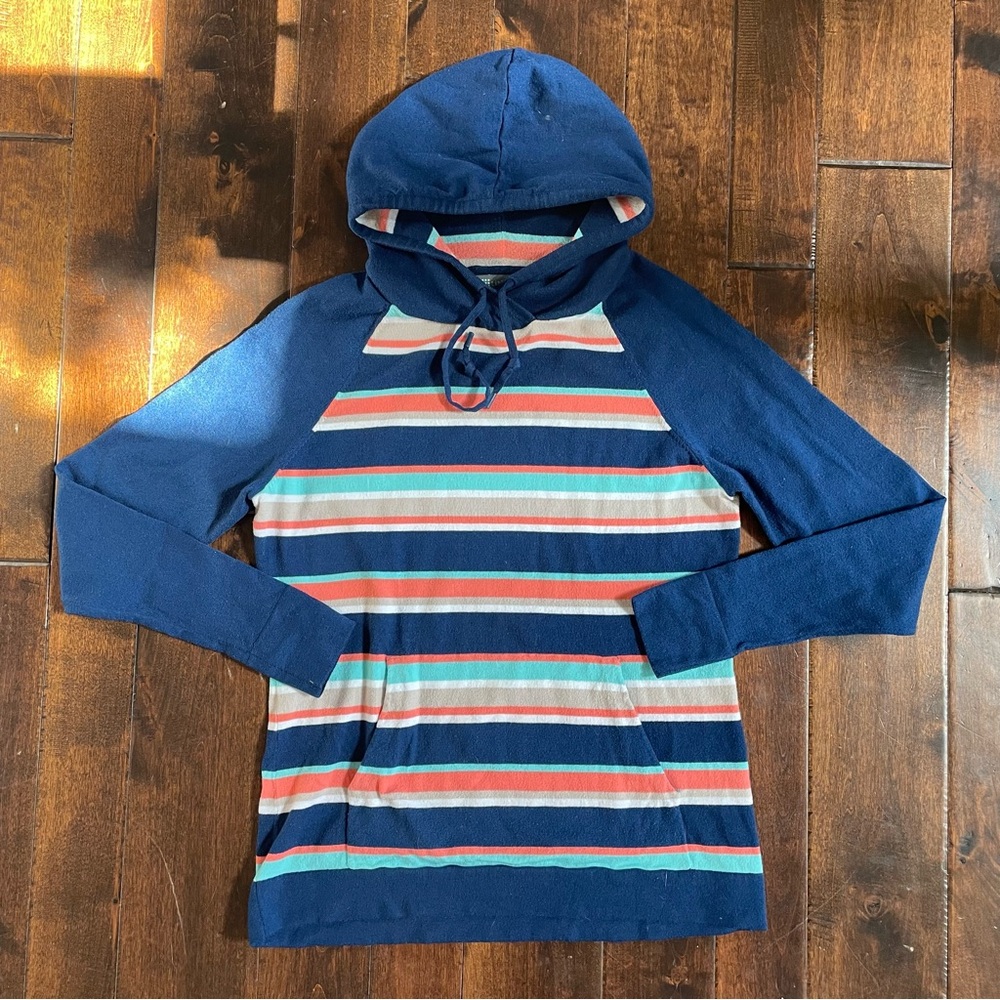 Title Nine Navy Hoodie Sweater with Coral, Teal & White Stripes